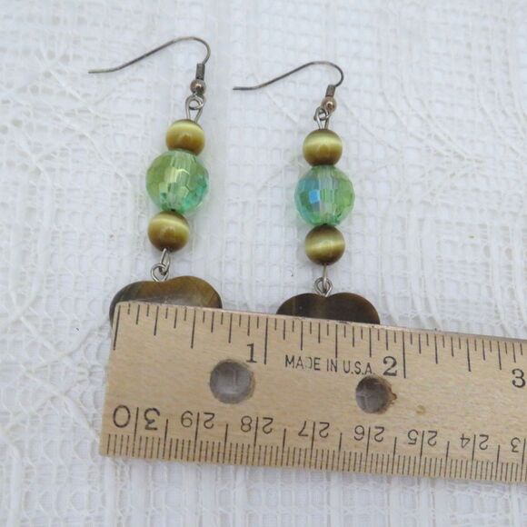 Tiger Eye Heart Dangle Earrings w/ Green Crystal Bead, Business and Boho Jewelry - Picture 5 of 7